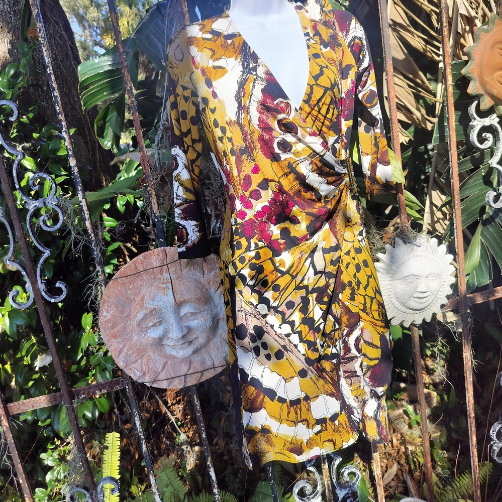 Cache Abstract print faux wrap dress size 6